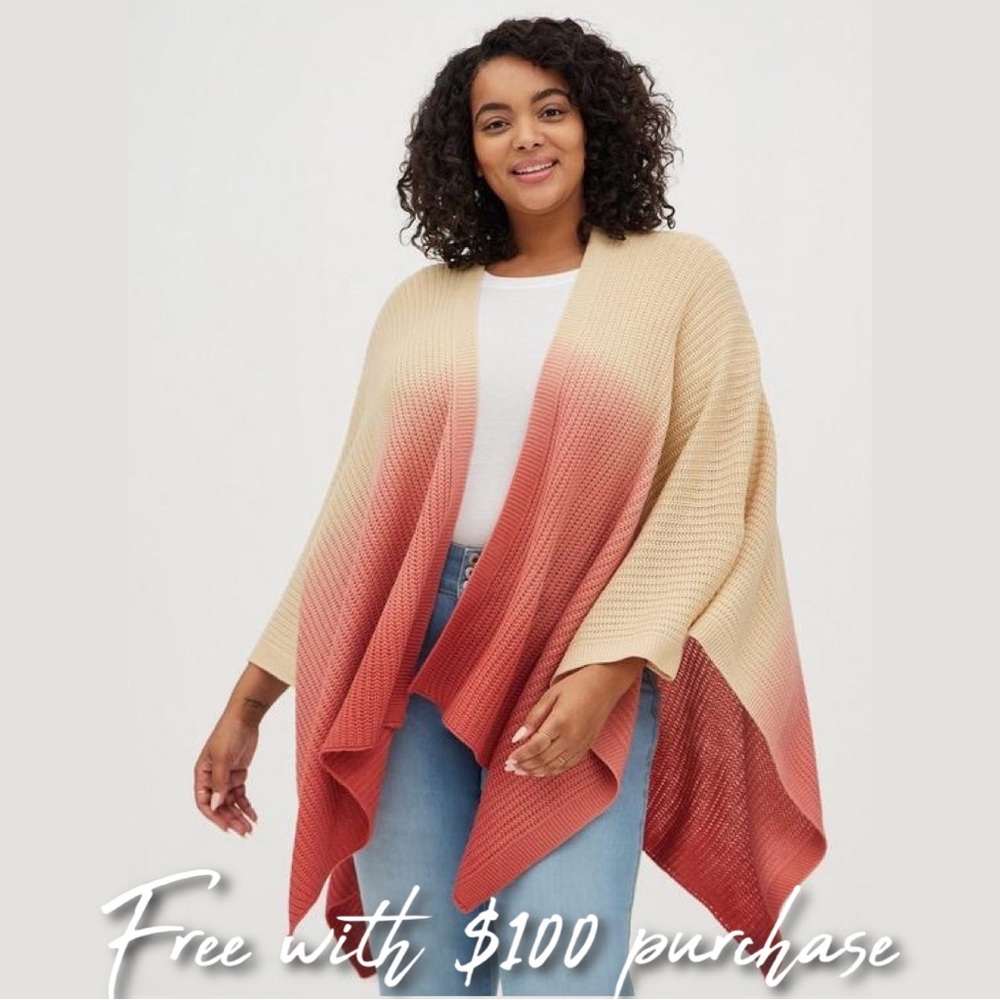 🆕Torrid Ruana Knit Tricolor Dip Dye Wrap Ombre Open Front Peach/Cream